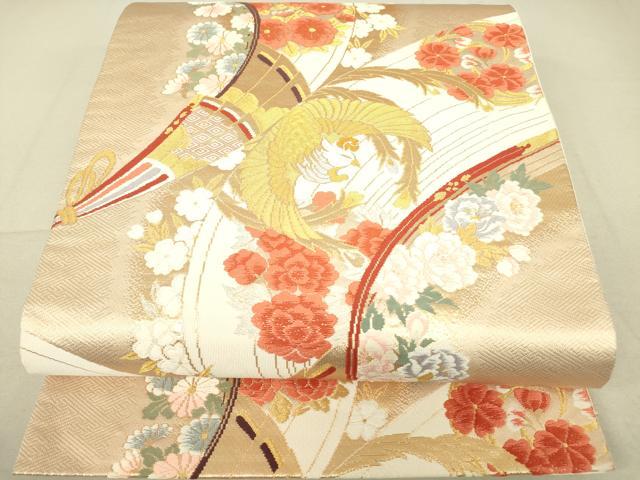 平和屋着物▼六通柄袋帯 唐織 檜扇鳳凰花文 金糸 正絹 逸品 DAAT9603az