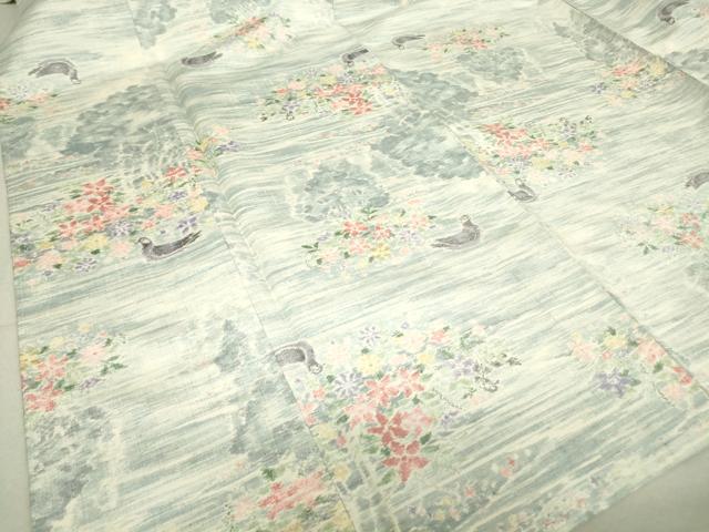 平和屋着物▽小千谷紬 単衣 花鳥文 正絹 逸品 DAAT9681az