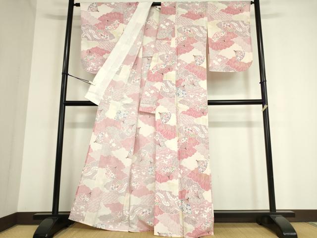 平和屋着物▽上質な小紋 単衣 雲取扇面花文 金銀彩 正絹 逸品 未使用 DAAT9679az