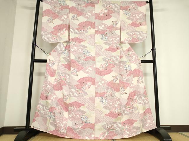 平和屋着物▽上質な小紋 単衣 雲取扇面花文 金銀彩 正絹 逸品 未使用 DAAT9679az