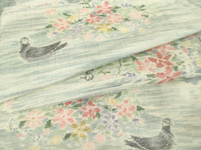 平和屋着物▽小千谷紬 単衣 花鳥文 正絹 逸品 DAAT9681az
