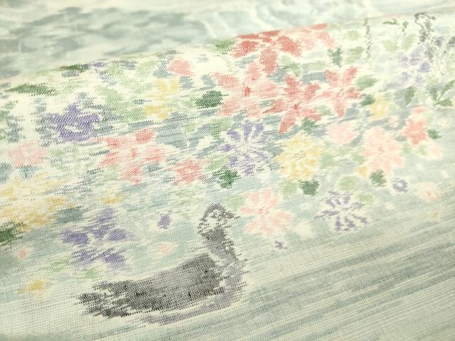 平和屋着物▽小千谷紬 単衣 花鳥文 正絹 逸品 DAAT9681az