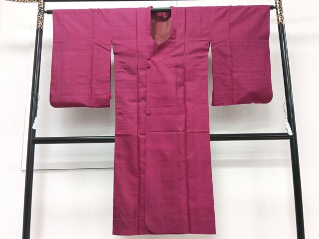 平和屋着物▽道行コート 単衣 紬地 濃紅色 ロング丈 正絹 逸品 CAAV5616id