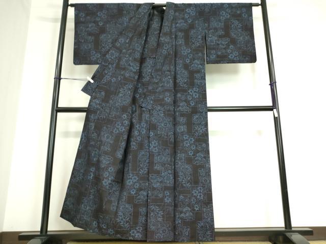 平和屋着物▽結城紬 単衣 色紙花文 正絹 逸品 DAAT9871az
