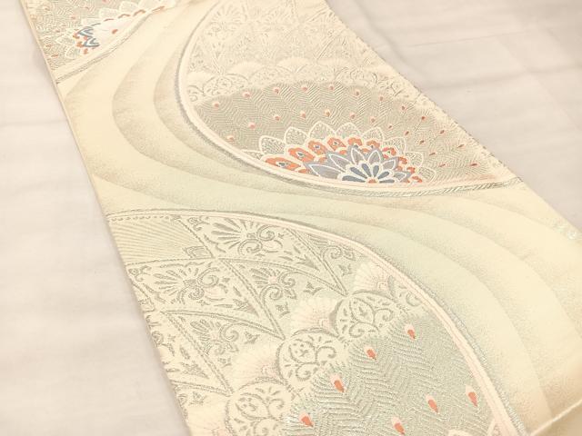 平和屋着物◎六通柄袋帯 唐織 孔雀羽花文 銀糸 正絹 逸品 BAAU0719mz