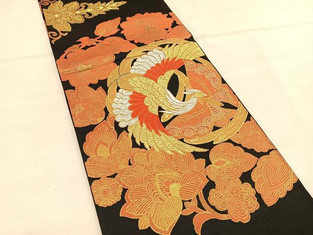平和屋着物◎六通柄袋帯 唐織 鳳凰花蝶文 黒地 金銀糸 正絹 逸品 BAAU1585hv