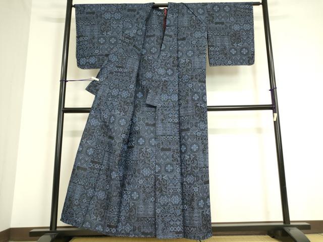 平和屋着物▽上質な紬 単衣 幾何学花文 正絹 逸品 未使用 DAAV5039az