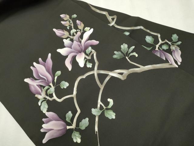 平和屋着物●塩瀬 九寸名古屋帯 手描き 枝花文 黒地 正絹 逸品 CAAV7151hy