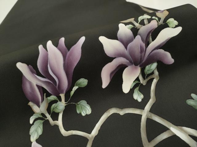 平和屋着物●塩瀬 九寸名古屋帯 手描き 枝花文 黒地 正絹 逸品 CAAV7151hy
