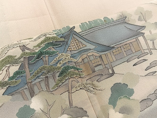 平和屋着物▽訪問着 単衣 手描き 風景松文 正絹 逸品 BAAS1036mz