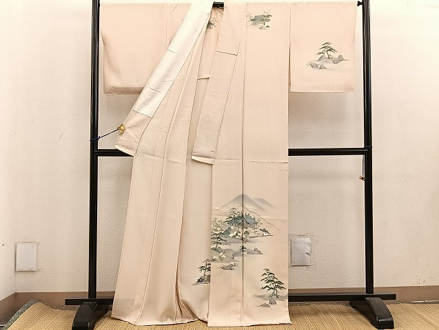 平和屋着物▽訪問着 単衣 手描き 風景松文 正絹 逸品 BAAS1036mz