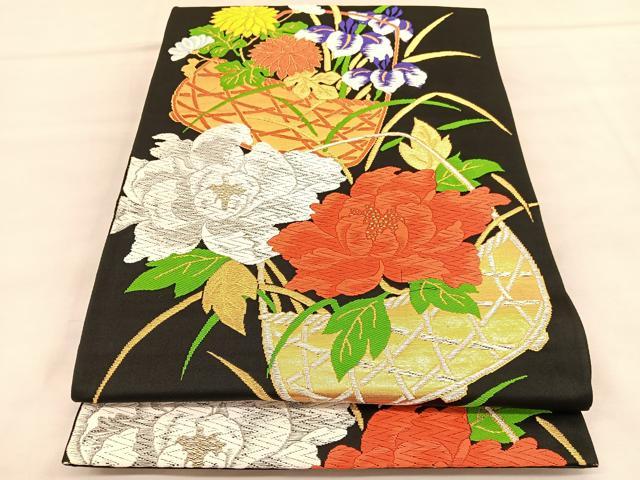 平和屋着物◎六通柄袋帯 唐織 花籠文 黒地 金銀糸 正絹 逸品 BAAU1898hv