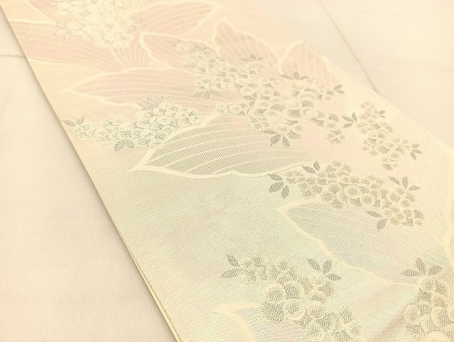 平和屋着物◎六通柄袋帯 草花文 銀糸 引箔 正絹 逸品 BAAU2468yc