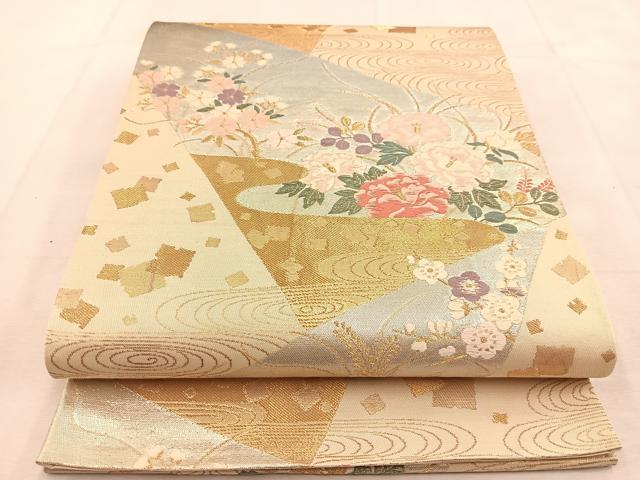平和屋着物◎六通柄袋帯 唐織 切嵌花流水 金銀糸 正絹 逸品 BAAU6025yc