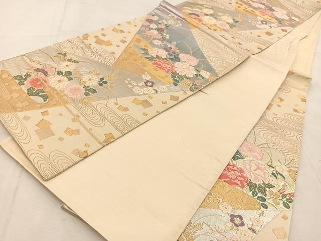 平和屋着物◎六通柄袋帯 唐織 切嵌花流水 金銀糸 正絹 逸品 BAAU6025yc