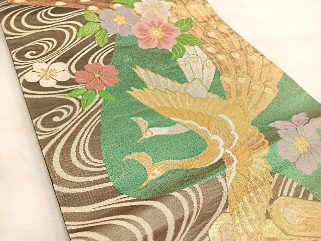 平和屋着物◎六通柄袋帯 孔雀花文 黒地 金銀糸 正絹 逸品 BAAU6083yc