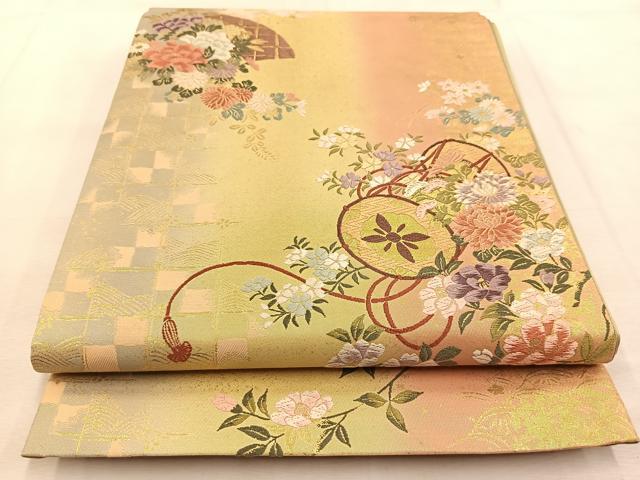 平和屋着物◎六通柄袋帯 唐織 地紙鼓花文 金糸 引箔 正絹 逸品 BAAU6116yc