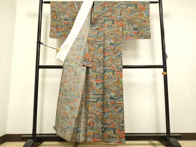 平和屋着物▽染織の名門 しょうざん 小紋 単衣 風景文 反端付き 未使用 DAAV3124du