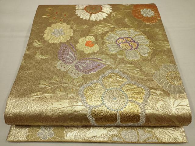 平和屋着物▼六通柄袋帯 花蝶文 金糸 正絹 逸品 AAAY9485wj