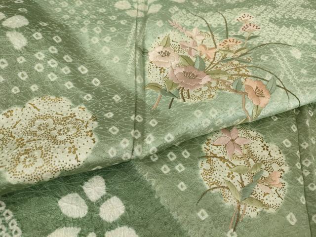平和屋着物▽訪問着 単衣 絞り 刺繍 花丸文 金彩 正絹 逸品 DAAV5079az