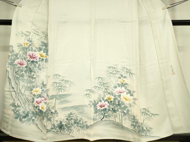 平和屋着物▽訪問着 単衣 作家物 草花文 手描き 正絹 逸品 DAAV5225az