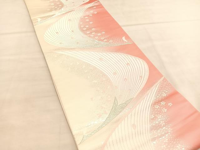 平和屋着物◎六通柄袋帯 唐織 孔雀花文 銀糸 正絹 逸品 BAAU5421hv