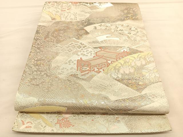 平和屋着物◎六通柄袋帯 扇面御所車花鳥文 白金二重引箔織 正絹 逸品 BAAU5495hv