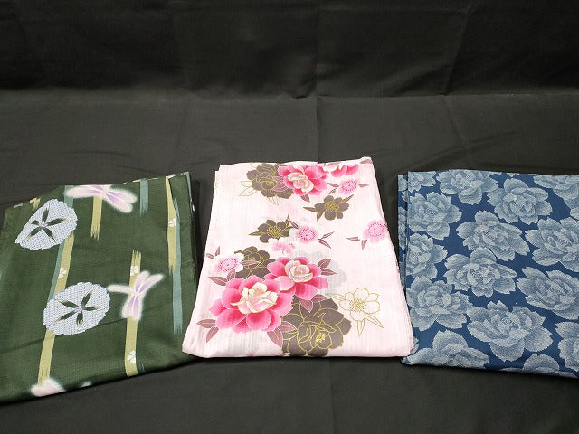 平和屋本店■浴衣 まとめて 3点 蜻蛉 花柄 綿紅梅 金彩 など 着用可能多数 ppp2433 km