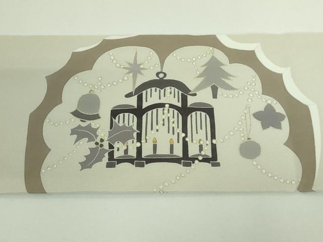 平和屋着物■極上 塩瀬 九寸名古屋帯 クリスマス 白橡色地 金彩 逸品 DZAA8973kh5