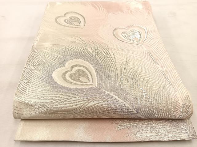 平和屋着物◎六通柄袋帯 唐織 孔雀羽根文 銀糸 正絹 逸品 BAAU6480yc