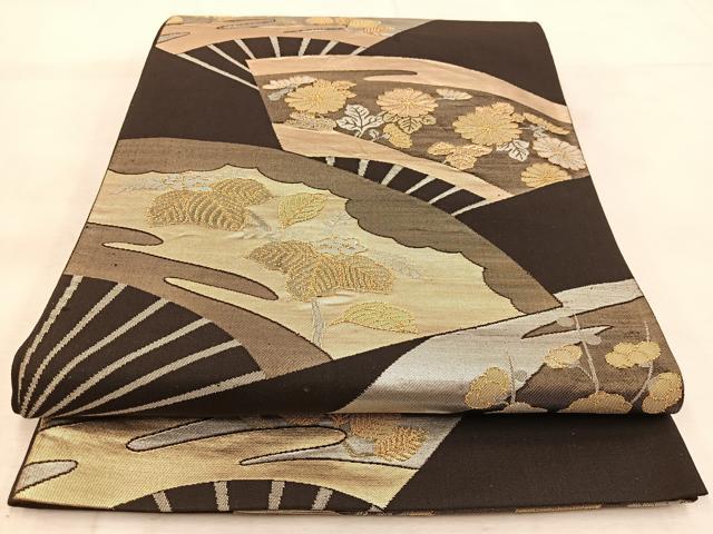 平和屋着物◎六通柄袋帯 扇面花文 金銀糸 正絹 逸品 BAAU6485yc