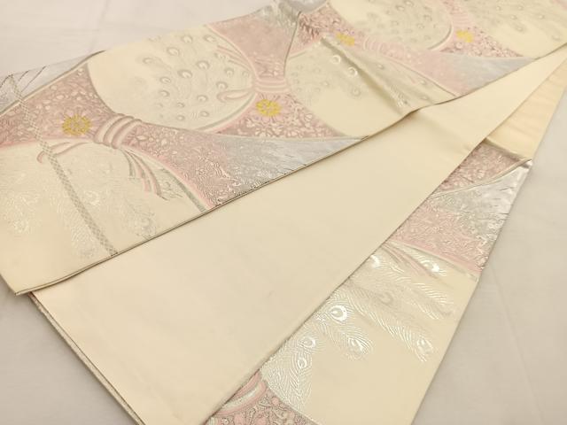 平和屋着物◎六通柄袋帯 唐織 束ね熨斗孔雀羽根花文 金銀糸 正絹 逸品 BAAU6493yc