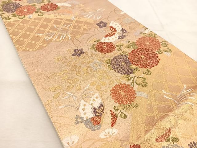 平和屋着物◎六通柄袋帯 籬花蝶文 金糸 正絹 逸品 BAAU6496yc