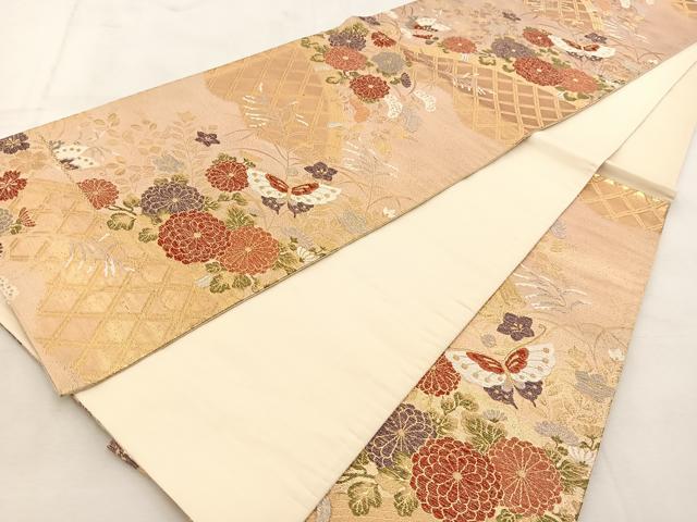 平和屋着物◎六通柄袋帯 籬花蝶文 金糸 正絹 逸品 BAAU6496yc