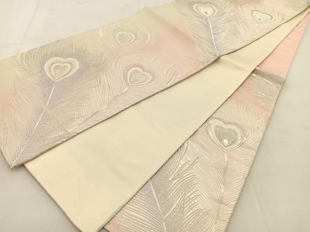 平和屋着物◎六通柄袋帯 唐織 孔雀羽根文 銀糸 正絹 逸品 BAAU6480yc