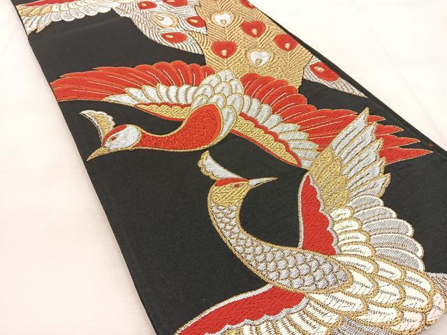平和屋着物◎六通柄袋帯 唐織 孔雀 黒地 金銀糸 正絹 逸品 BAAU6519yc