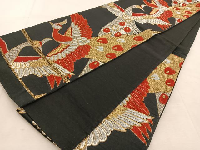 平和屋着物◎六通柄袋帯 唐織 孔雀 黒地 金銀糸 正絹 逸品 BAAU6519yc