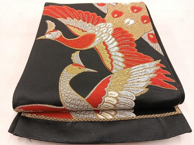 平和屋着物◎六通柄袋帯 唐織 孔雀 黒地 金銀糸 正絹 逸品 BAAU6519yc