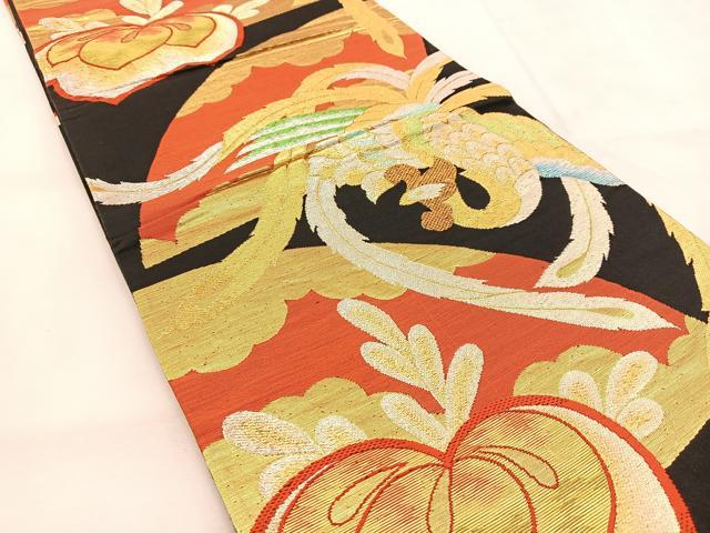 平和屋着物◎六通柄袋帯 鳳凰風景文 黒地 金銀糸 正絹 逸品 BAAU6553yc