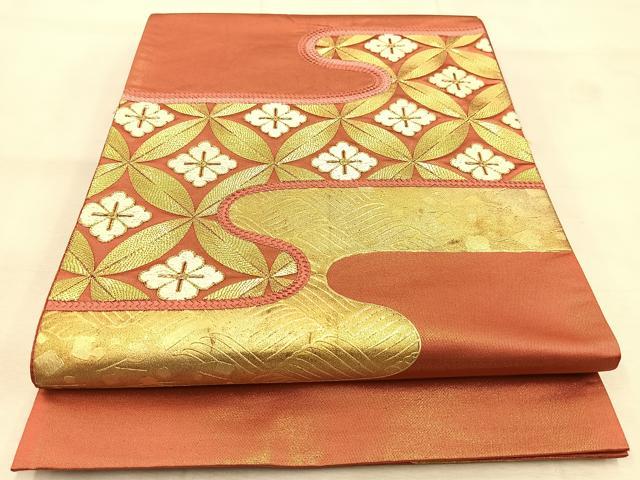 平和屋着物◎太鼓柄袋帯 駒刺繍 七宝花菱文 金彩 正絹 逸品 BAAU6620yc
