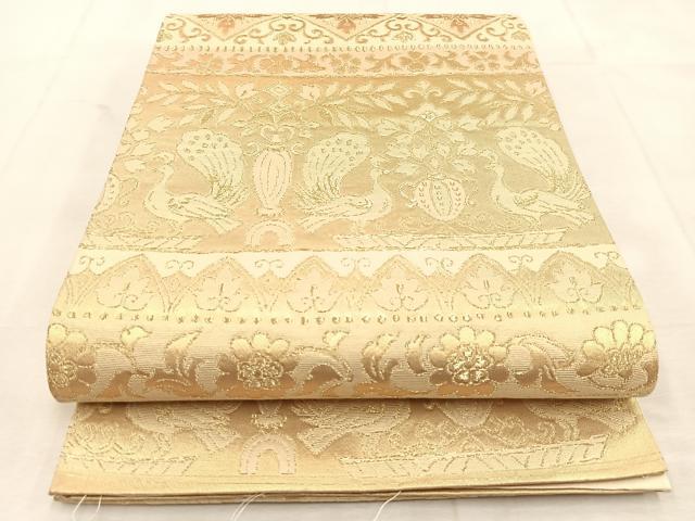 平和屋着物◎六通柄袋帯 孔雀更紗横段文 金糸 正絹 逸品 BAAU6693yc