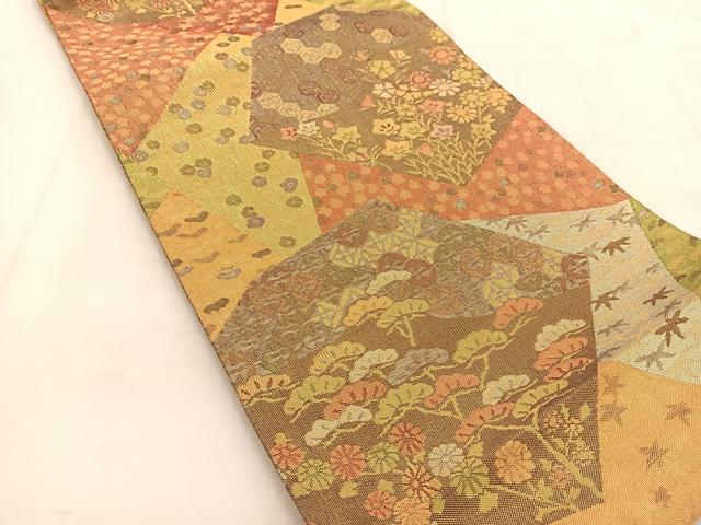 平和屋着物◎佐賀錦 両面 六通柄袋帯 切嵌草花文 金糸 正絹 逸品 BAAU6694yc