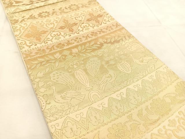 平和屋着物◎六通柄袋帯 孔雀更紗横段文 金糸 正絹 逸品 BAAU6693yc