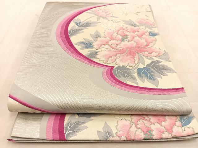 平和屋着物◎六通柄袋帯 唐織 流水牡丹文 銀糸 正絹 逸品 BAAU6721yc