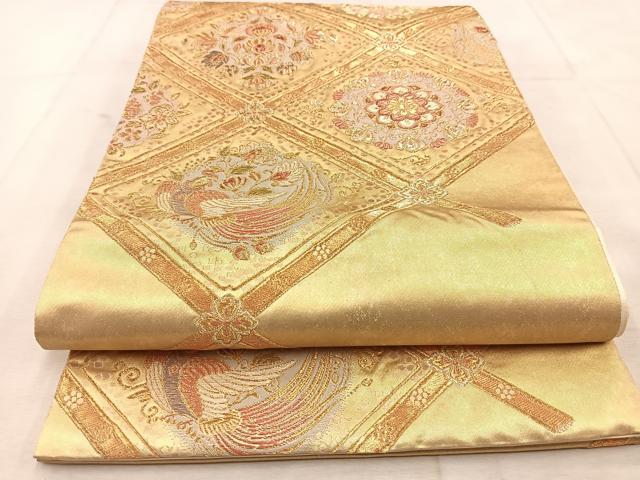 平和屋着物◎六通柄袋帯 鳳凰菱天井更紗花文 金糸 引箔 正絹 逸品 BAAU6800yc