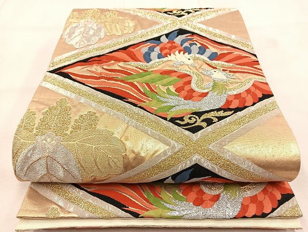 平和屋着物◎六通柄袋帯 唐織 向かい鳳凰菱天井文 金銀糸 正絹 逸品 BAAU6533yc