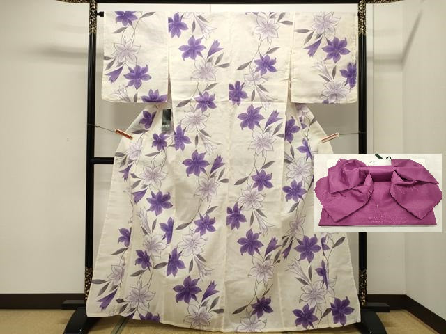 平和屋着物∴夏物 浴衣・つけ帯セット 百合 綿 未使用 CAAW5011dy