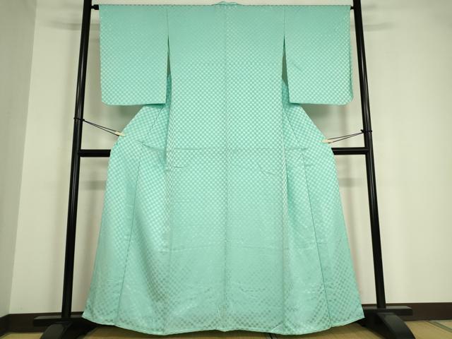 平和屋着物▽上質な色無地 単衣 市松地紋 青竹色 正絹 逸品 DAAV5395az