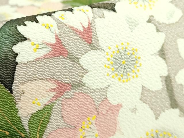 平和屋着物●極上 九寸名古屋帯 枝桜 白茶色地 鬼しぼ縮緬 逸品 DZAA9289kh5