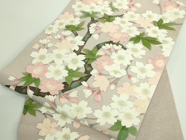平和屋着物●極上 九寸名古屋帯 枝桜 白茶色地 鬼しぼ縮緬 逸品 DZAA9289kh5